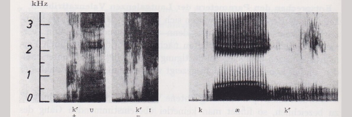 Ausschnitt eines Laut-Spektogramms. Die vertikale Achse ist mit Nummern von 0–3 versehen und mit kHz überschrieben.