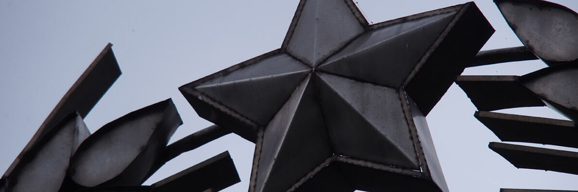 Nahaufnahme eines metallenen fünfzackigen Sterns mit stilisierten Ähren.