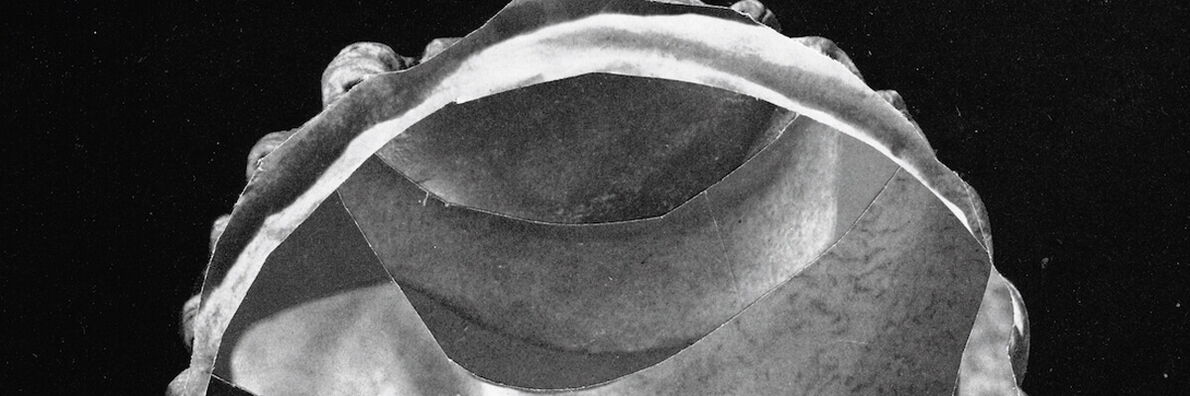 Abstract collage with semicircular gray shape in the center against black background.