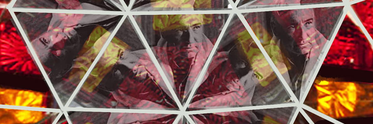 Collage: Ein Schwarz-Weiß-Porträt von Wilhelm Reich ist wie durch ein Kaleidoskop in verschiedenen Positionen vor gelb-rotem Grund zu sehen.