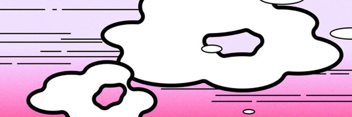 An illustration featuring white clouds with black outlines against a pink gradient with black horizontal lines.