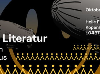 Illustration with two zeppelins against a dark sky and stylized yellow human figures in rows below. Organizational information about the book club is written on it.