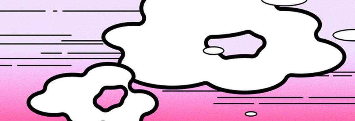 An illustration featuring white clouds with black outlines against a pink gradient with black horizontal lines.