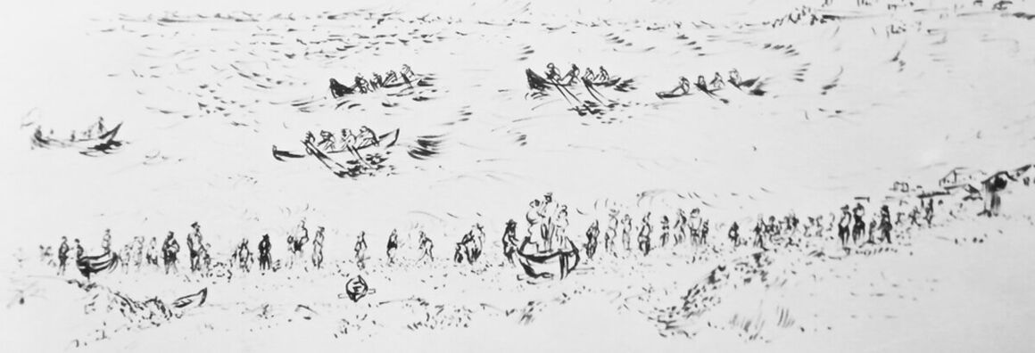 Schwarze Tuschezeichnung auf schwarzem Grund, die Fischer und Fischerboote am Strand und auf dem Meer zeigt.