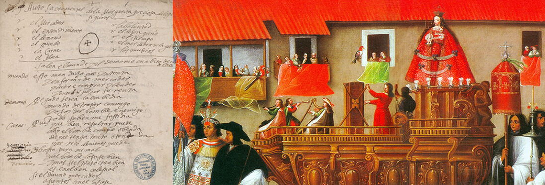 On the left of the picture there is a sheet of paper with illegible handwriting, on the right of the picture there is a painting of a procession with a large decorated wooden wagon in the middle, on which there is a figure with a red coat and crown.