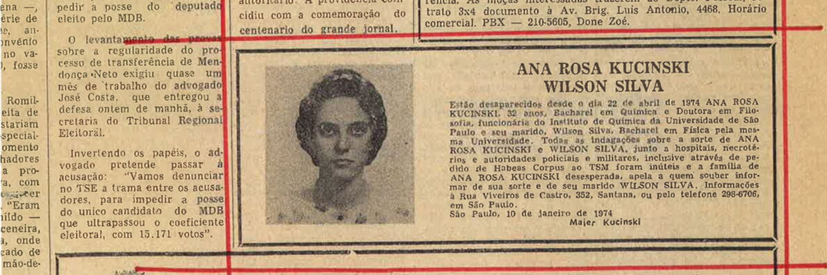 Meldung über das Verschwinden der Universitätsprofessorin und politischen Aktivistin Ana Rosa Kucinski und ihres Ehemannes Wilson Silva in einer brasilianischen Zeitung durch ihren Vater Majer Kucinski.