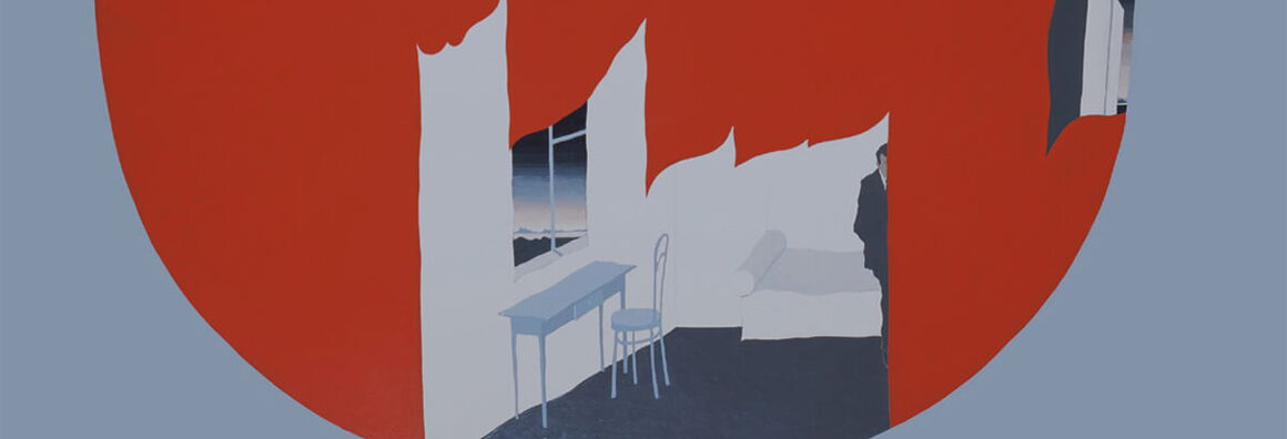 Ausschnitt von Viktor Pivovarovs Gemälde »Vorahnung«. In einem roten Kreis stehen Stuhl und Tisch vor einem Fenster, rechts steht ein Sofa oder Bett und ein Mann ist zur Hälfte im Profil zu sehen.