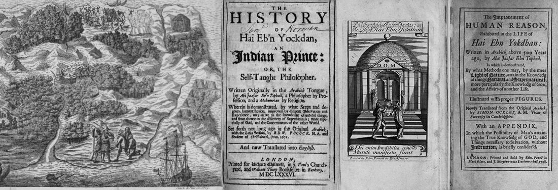 Collage of a total of four juxtaposed black and white book pages, two of them with text, two with images.