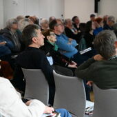 Around 30 people sit on gray chairs and look forward with anticipation.