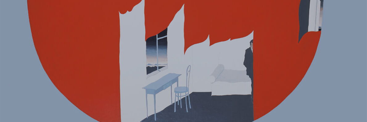 Ausschnitt von Viktor Pivovarovs Gemälde »Vorahnung«. In einem roten Kreis stehen Stuhl und Tisch vor einem Fenster, rechts steht ein Sofa oder Bett und ein Mann ist zur Hälfte im Profil zu sehen.