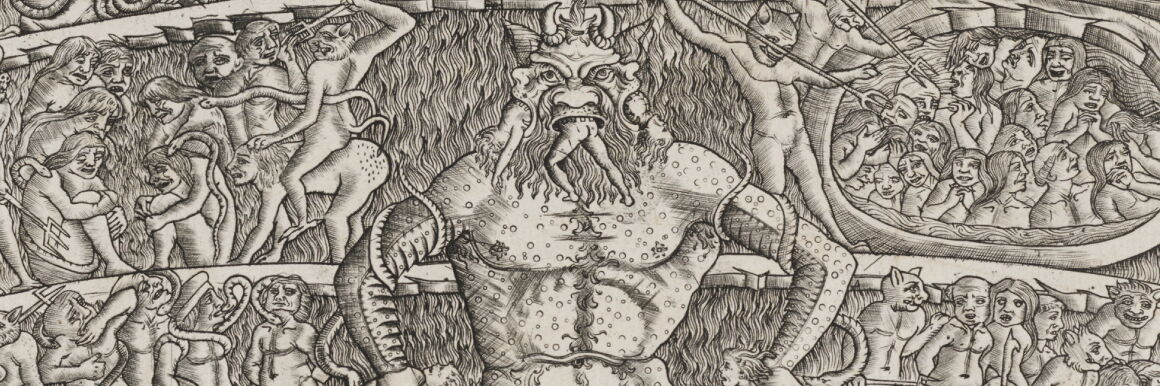 Engraving of a large figure with horns and beard, from whose mouth still protrude the legs of a smaller figure. Around them, fantasy figures stab other small human figures with pitchforks.