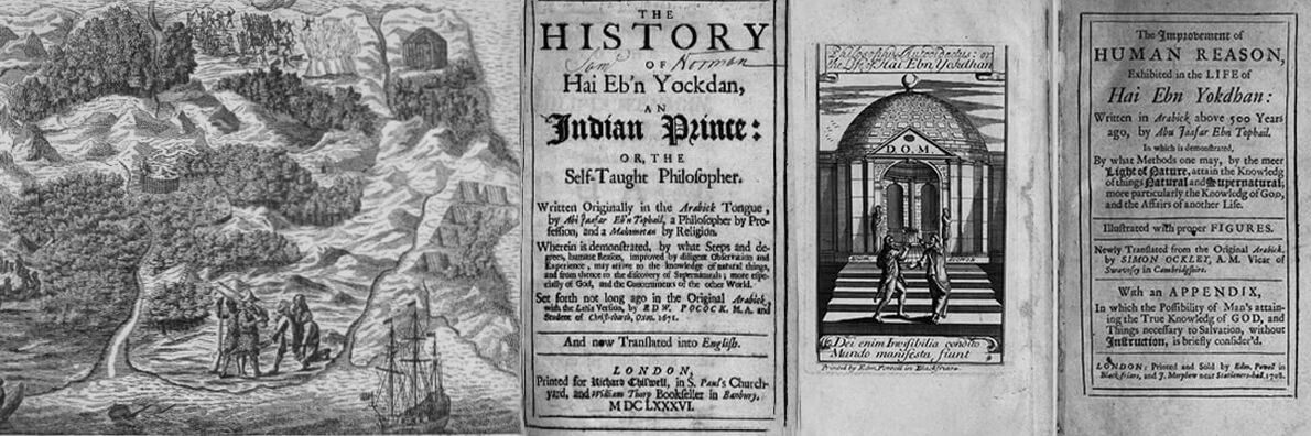 Collage von insgesamt vier nebeneinandergestellten schwarz-weißen Buchseiten, zwei davon mit Text, zwei mit Bildern.