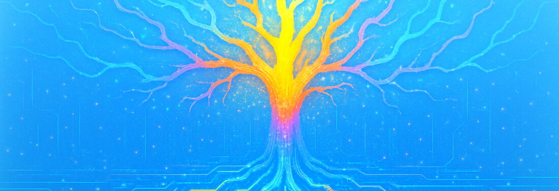 Ein abstrakter Baum, dessen Wurzeln und Äste wie elektronische Schaltkreise aussehen.