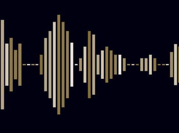 Abstract representation of a sound wave made of vertical bars of varying heights in gold tones on a black background.