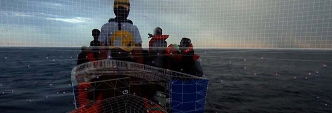 Standbild aus »The Seizure of the Iuventa«. Ein Boot im Meer. Auf dem Boot stehen diverse Menschen mit angezogenen Schwimmwesten. Unten links im Bild ein Datum: 18 June 2017. Am unteren Rand des Bildes eine Timeline mit dem Marker 06:20:05.