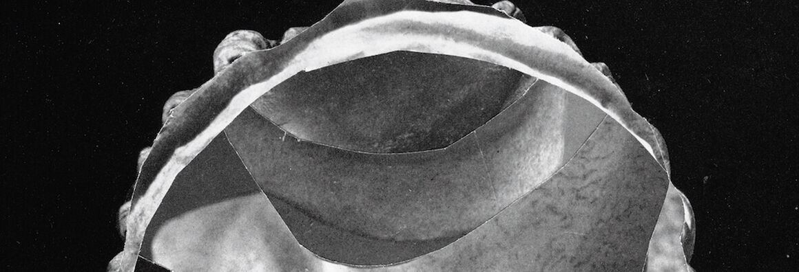 Abstract collage with semicircular gray shape in the center against black background.