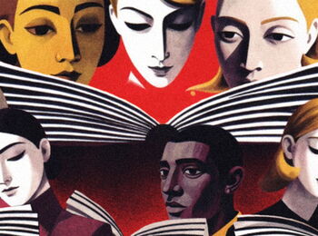 Illustration of people deeply engaged in reading books together, set against a red background.