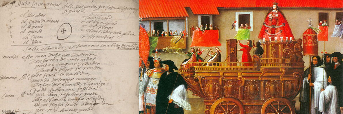 On the left of the picture there is a sheet of paper with illegible handwriting, on the right of the picture there is a painting of a procession with a large decorated wooden wagon in the middle, on which there is a figure with a red coat and crown.