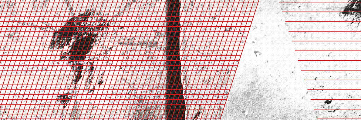 Abstract black-and-white image with red grids and lines over textured surfaces.