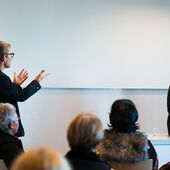 Dirk Naguschewski talks to Rudolf Gaudio in front of an audience