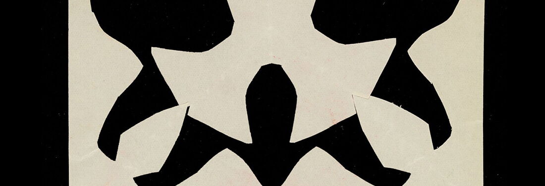 Silhouette paper cut-out with abstract black shapes on a beige background, suggesting a stylized figure or mask.