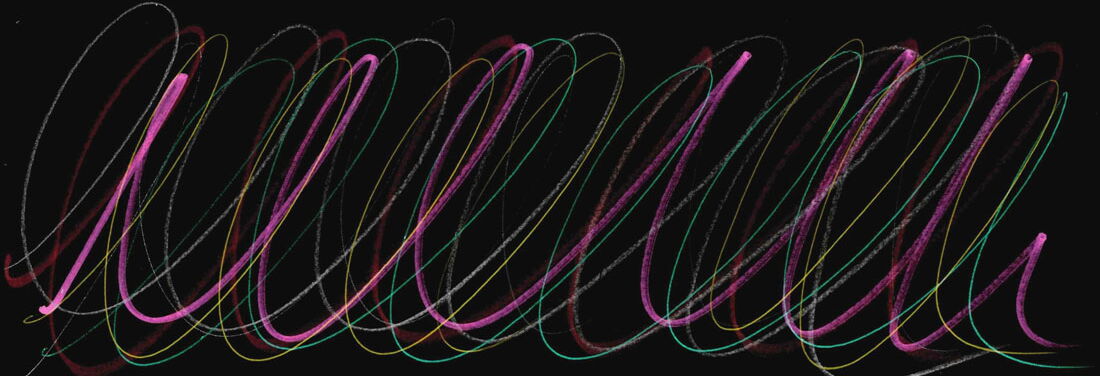 Layered handwritten squiggles in different colors—pink, white, green, yellow, red—on a black background.