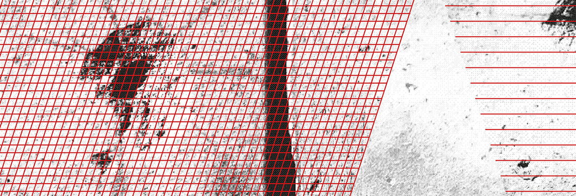 Abstract black-and-white image with red grids and lines over textured surfaces.