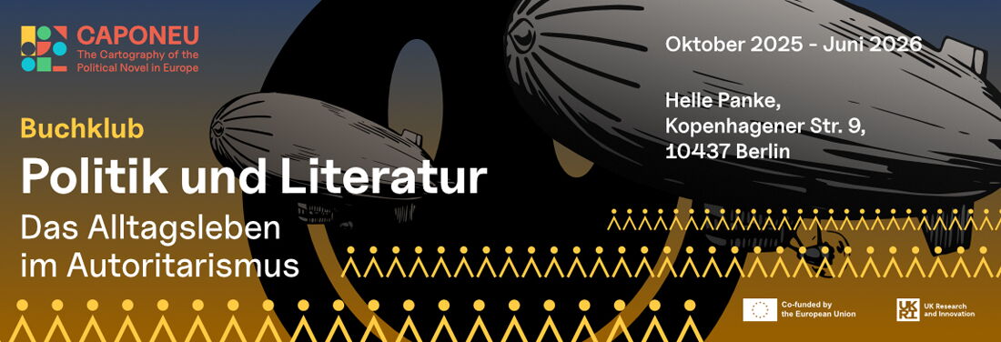 Illustration with two zeppelins against a dark sky and stylized yellow human figures in rows below. Organizational information about the book club is written on it.