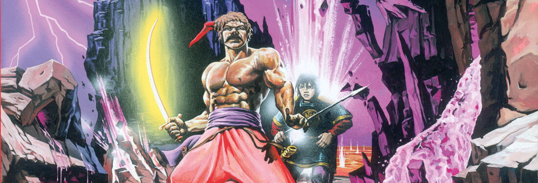 Fantasy drawing. A muscular man with a naked upper body and red pluder trousers holds a bright yellow sword in his hand, behind him stands another figure in front of a rocky landscape bathed in purple light.