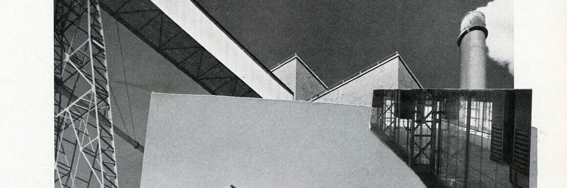 An abstract collage of architectural forms and photographic fragments of buildings with a smoking chimney on the right edge of the image.