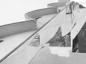 Eine abstrakte Collage aus architektonischen Formen, Grundrisslinien und fotografischen Fragmenten von Gebäuden und Natur.