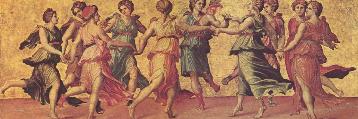 Painting with muses dancing in round dance in flowing dresses and braided hair.