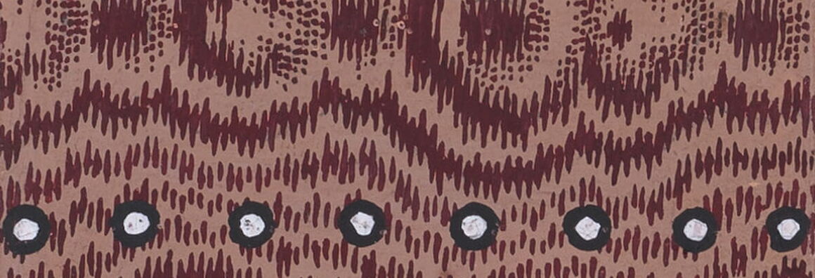 Textile design on paper: irregular outlines in dark reddish-brown and horizontal stripes of white beads with black outlines on a light brown background.