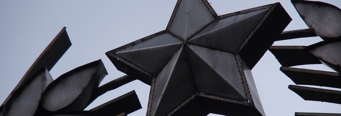 Close-up of a metal five-pointed star with stylized ears of corn.