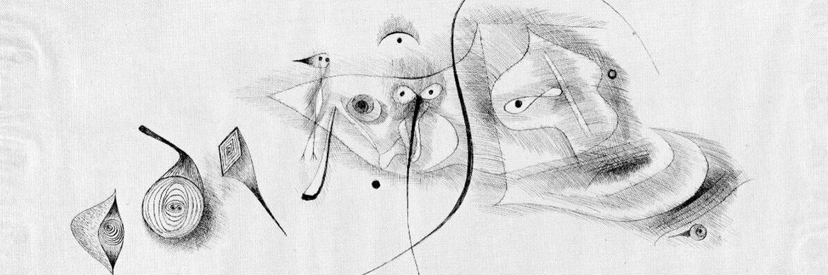 Pencil drawing of various abstract figures. The figures on the left are reminiscent of eyes or onions, further to the right, among other things, some bird-like, some eye-like shapes.