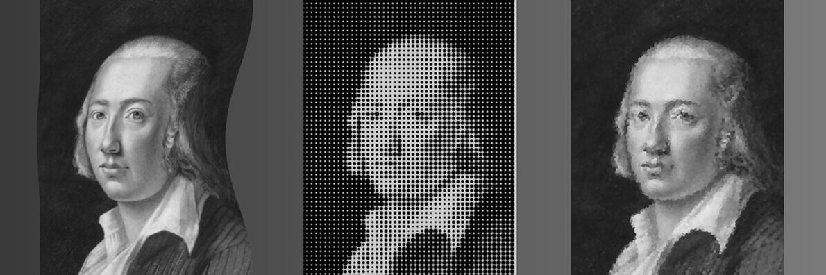 Black-and-white collage with the portrait of Friedrich Hölderlin, which can be seen three times next to each other: dent on the left, rasterized in the middle, blurred on the right.