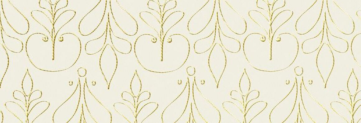 A golden, uniform pattern on a cream background. The pattern features round, elegantly curved shapes reminiscent of leaves and insects.