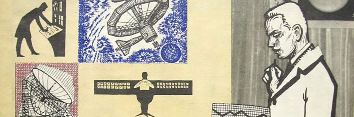 Grafik im konstruktivistischen Stil mit verschiedenen technischen Großgeräten, Personen an Schaltflächen und einer männlichen Figur, die ein Stück Papier mit einem Graphen in der Hand hält.