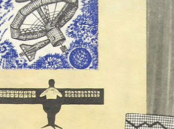 A constructivist-style illustration featuring various large pieces of technical equipment, people at control panels, and a male figure holding a piece of paper with a graph on it.