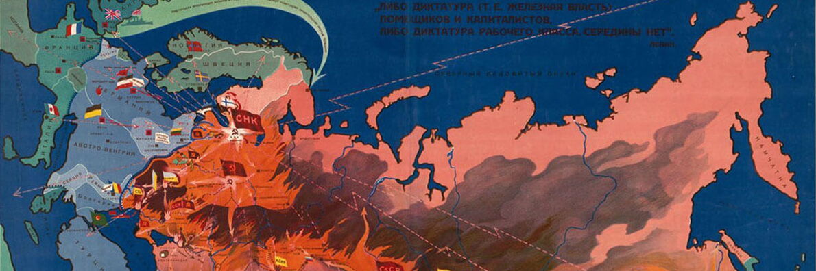 Map section of Northern Europe and Asia, the largest part of which is the Soviet Union with flames, also shown on the left in blue and green are the Scandinavian countries, Austria-Hungary, Turkey, Germany, France, Great Britain, and Italy.
