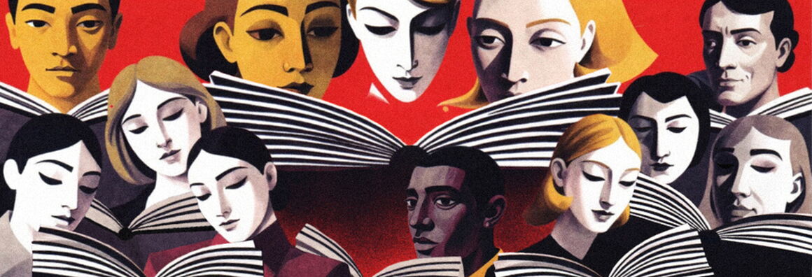 Illustration of people deeply engaged in reading books together, set against a red background.