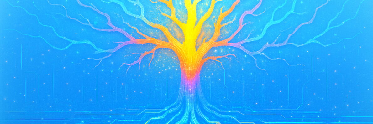 Ein abstrakter Baum, dessen Wurzeln und Äste wie elektronische Schaltkreise aussehen.