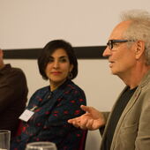 Eugen Ruge gestures during a speech.