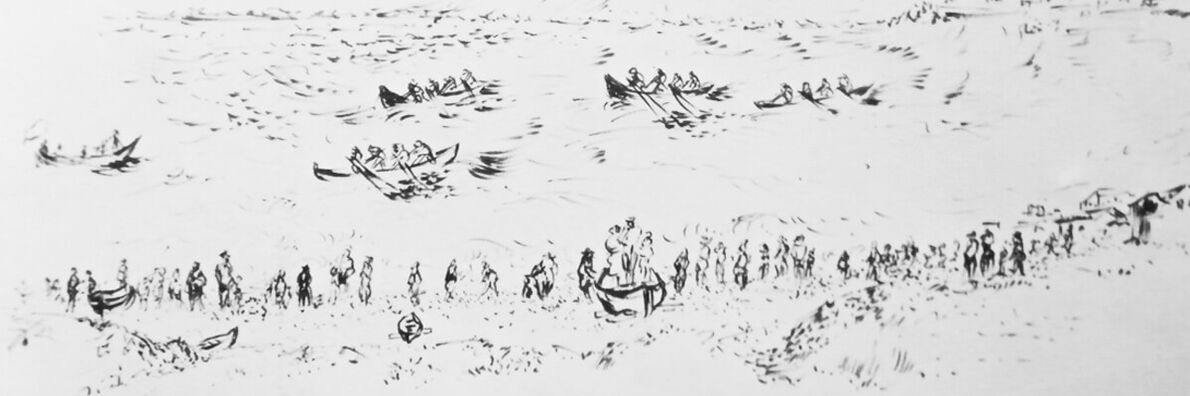 Schwarze Tuschezeichnung auf schwarzem Grund, die Fischer und Fischerboote am Strand und auf dem Meer zeigt.