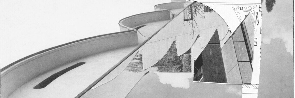 Eine abstrakte Collage aus architektonischen Formen, Grundrisslinien und fotografischen Fragmenten von Gebäuden und Natur.
