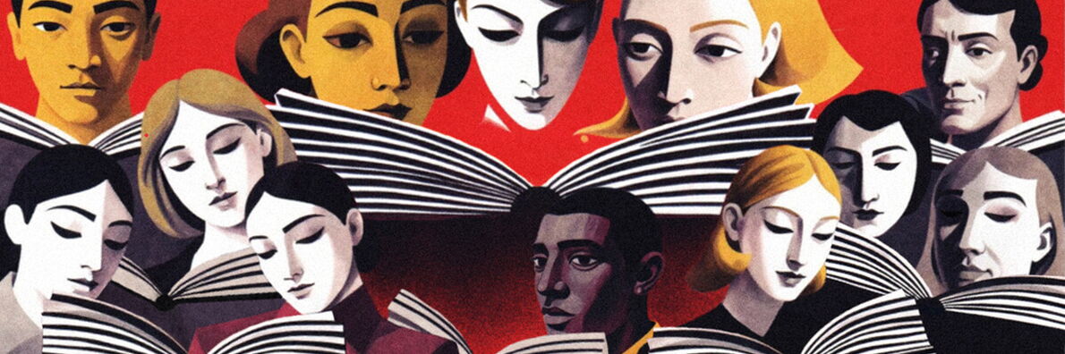 Illustration of people deeply engaged in reading books together, set against a red background.