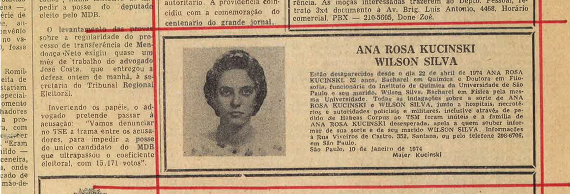 Meldung über das Verschwinden der Universitätsprofessorin und politischen Aktivistin Ana Rosa Kucinski und ihres Ehemannes Wilson Silva in einer brasilianischen Zeitung durch ihren Vater Majer Kucinski.