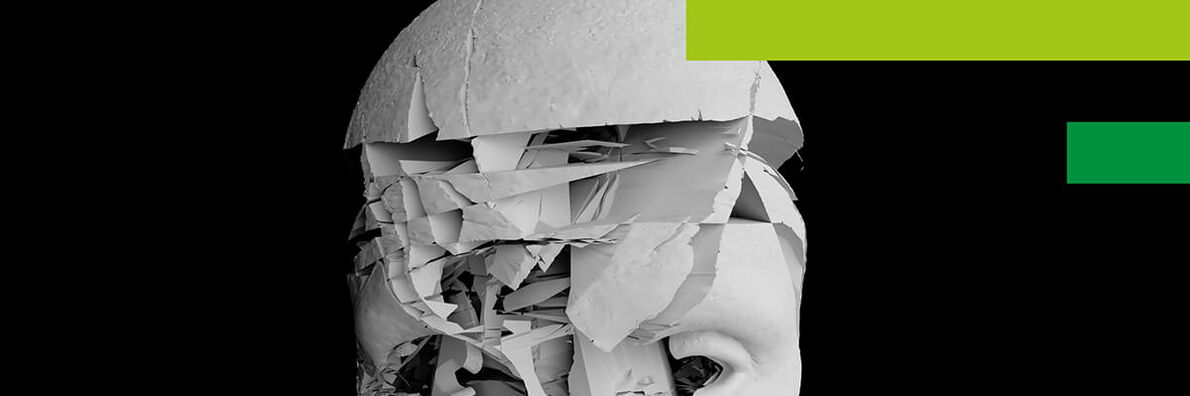 Abstract white 3D bust with a fragmented face against a black background and green rectangles.