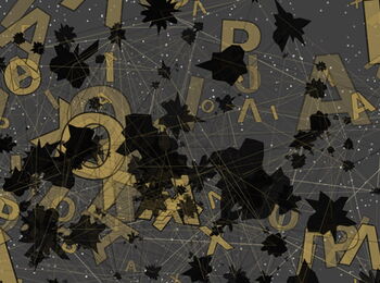 Goldene Buchstaben auf grauem Grund, die mit dünnen Linien miteinander und mit schwarzen Tintenflecken verbunden sind.