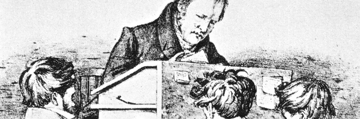 Lithographie von Georg Friedrich Wilhelm Hegel am Vortragspult, vor dem drei Personen stehen.